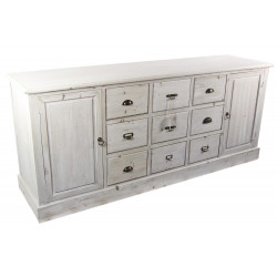 Meuble Semainier Chiffonnier Grainetier Bois 9 Tiroirs Cerusé Blanc 210x54x90cm