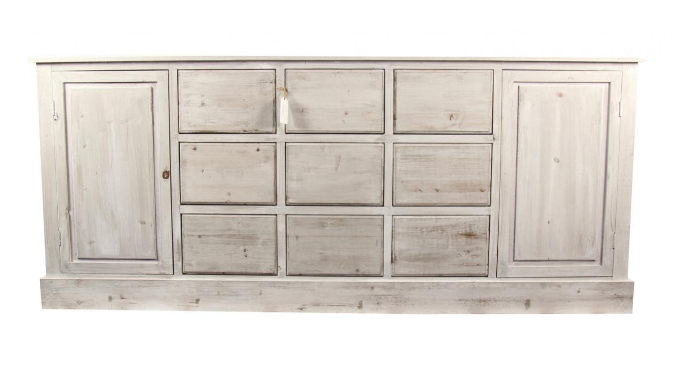 Meuble Semainier Chiffonnier Grainetier Bois 9 Tiroirs Cerusé Blanc Nu 210x54x90cm