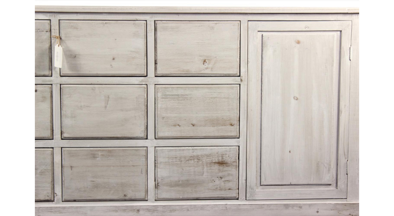 Meuble Semainier Chiffonnier Grainetier Bois 9 Tiroirs Cerusé Blanc Nu 210x54x90cm