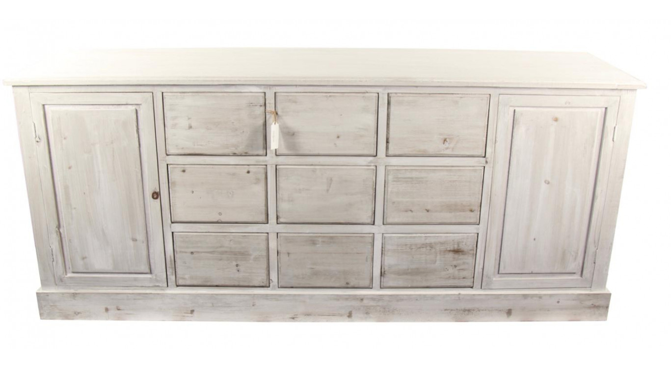 Meuble Semainier Chiffonnier Grainetier Bois 9 Tiroirs Cerusé Blanc Nu 210x54x90cm