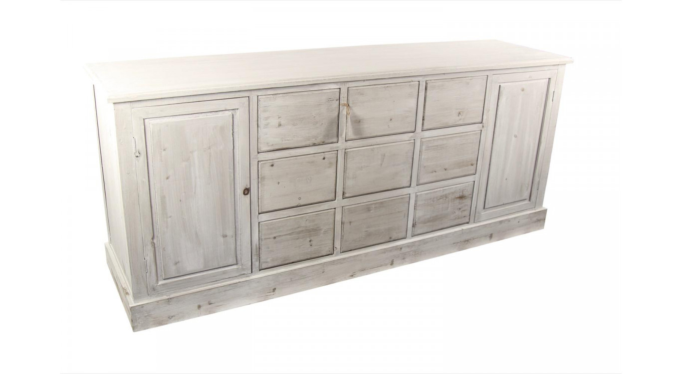 Meuble Semainier Chiffonnier Grainetier Bois 9 Tiroirs Cerusé Blanc Nu 210x54x90cm