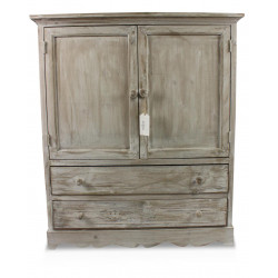 Buffet Bas Rangement Bois Cerusé Blanc 2 Tiroirs 83x38.5x97cm