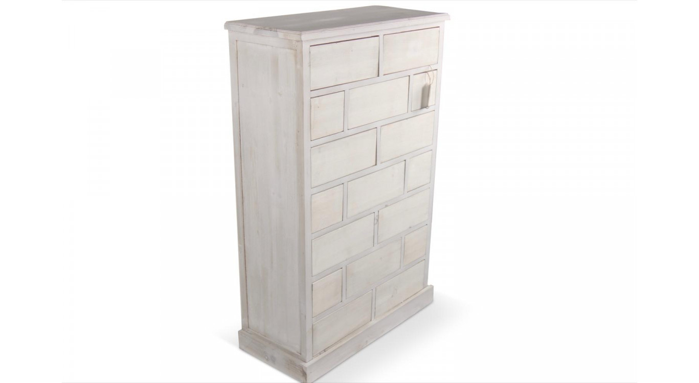 Meuble Semainier Chiffonnier Grainetier Bois Cerusé Blanc 17 Tiroirs Nu 75.5x34x116cm