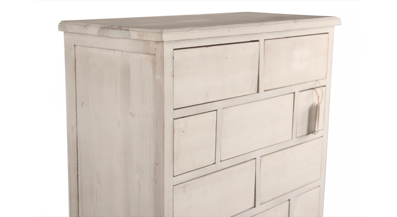 Meuble Semainier Chiffonnier Grainetier Bois Cerusé Blanc 17 Tiroirs Nu 75.5x34x116cm