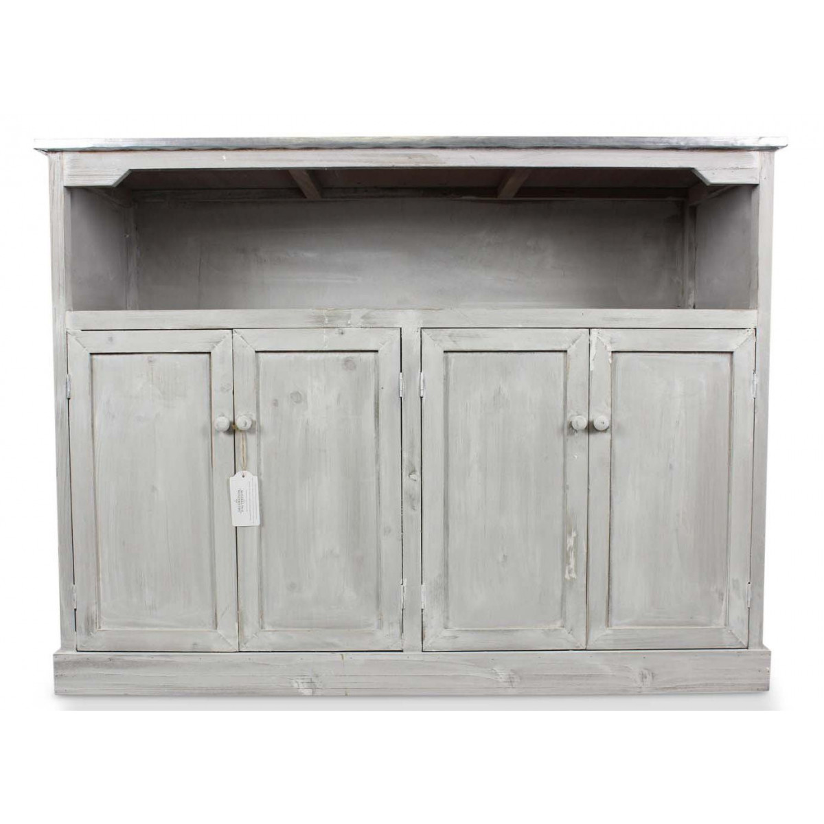 Meuble Bas Rangement Bois Cerusé Blanc Plateau Zinc 119x47x90cm