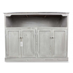 Meuble Bas Rangement Bois Cerusé Blanc Plateau Zinc 119x47x90cm