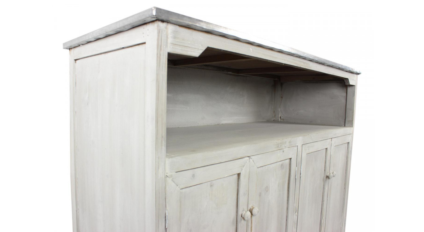 Meuble Bas Rangement Bois Cerusé Blanc Plateau Zinc 119x47x90cm