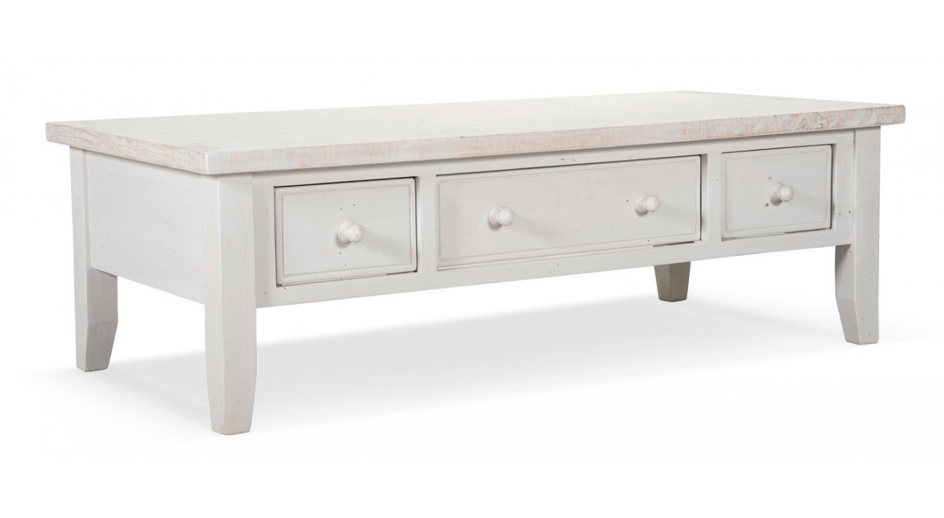 Table Basse 3 Tiroirs Bois Blanc 140x70x45cm