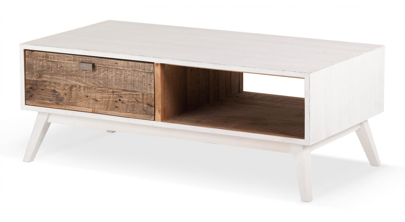 Table Basse 1 Tiroir Bois Blanc 120x60x45cm