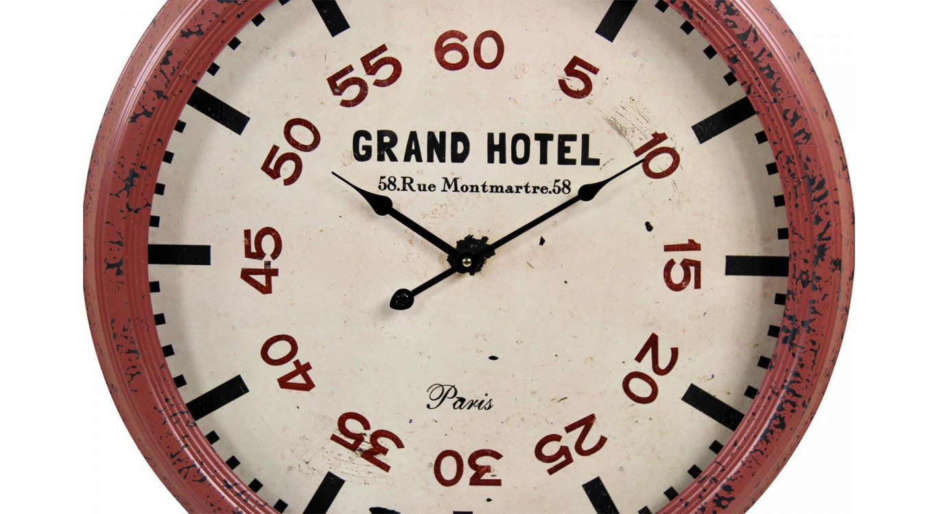 Horloge Ancienne Murale Grand Hôtel Métal Rouge-Bordeaux 62cm