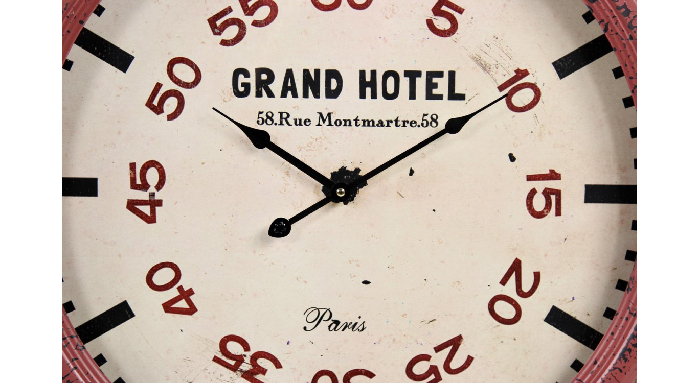 Horloge Ancienne Murale Grand Hôtel Métal Rouge-Bordeaux 62cm