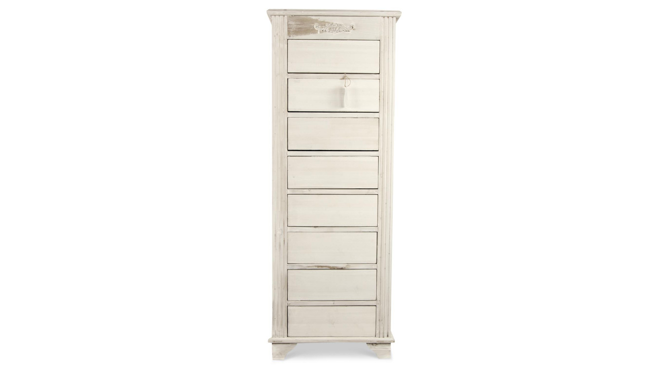 Meuble Semainier Chiffonnier Grainetier Bois Cerusé Blanc 8 Tiroirs Nu 54.5x33x146.5cm