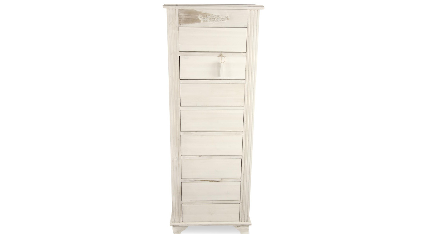 Meuble Semainier Chiffonnier Grainetier Bois Cerusé Blanc 8 Tiroirs Nu 54.5x33x146.5cm