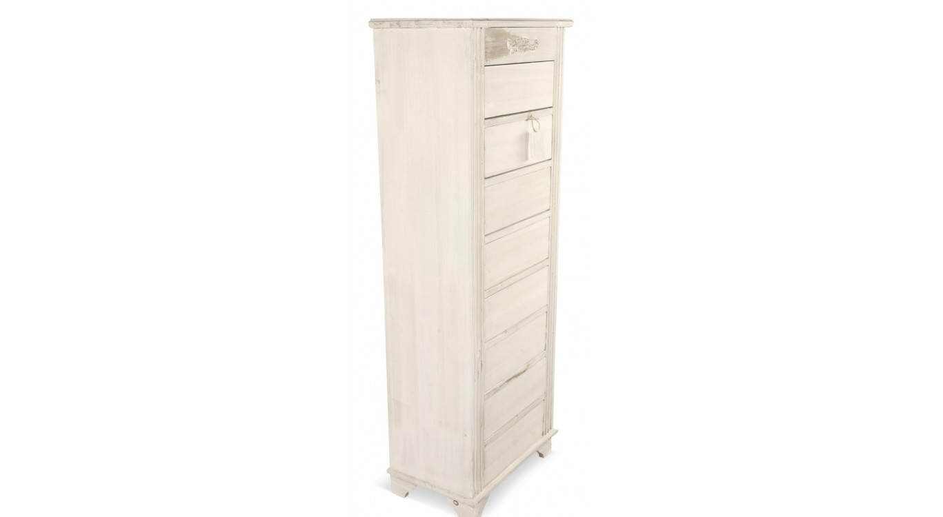 Meuble Semainier Chiffonnier Grainetier Bois Cerusé Blanc 8 Tiroirs Nu 54.5x33x146.5cm