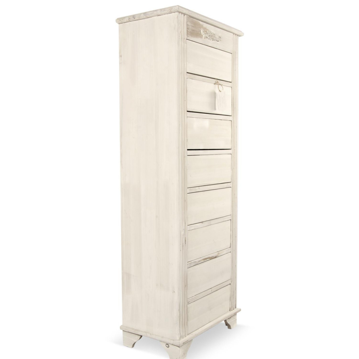 Meuble Semainier Chiffonnier Grainetier Bois Cerusé Blanc 8 Tiroirs Nu 54.5x33x146.5cm