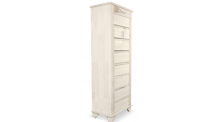 Meuble Semainier Chiffonnier Grainetier Bois Cerusé Blanc 8 Tiroirs Nu 54.5x33x146.5cm