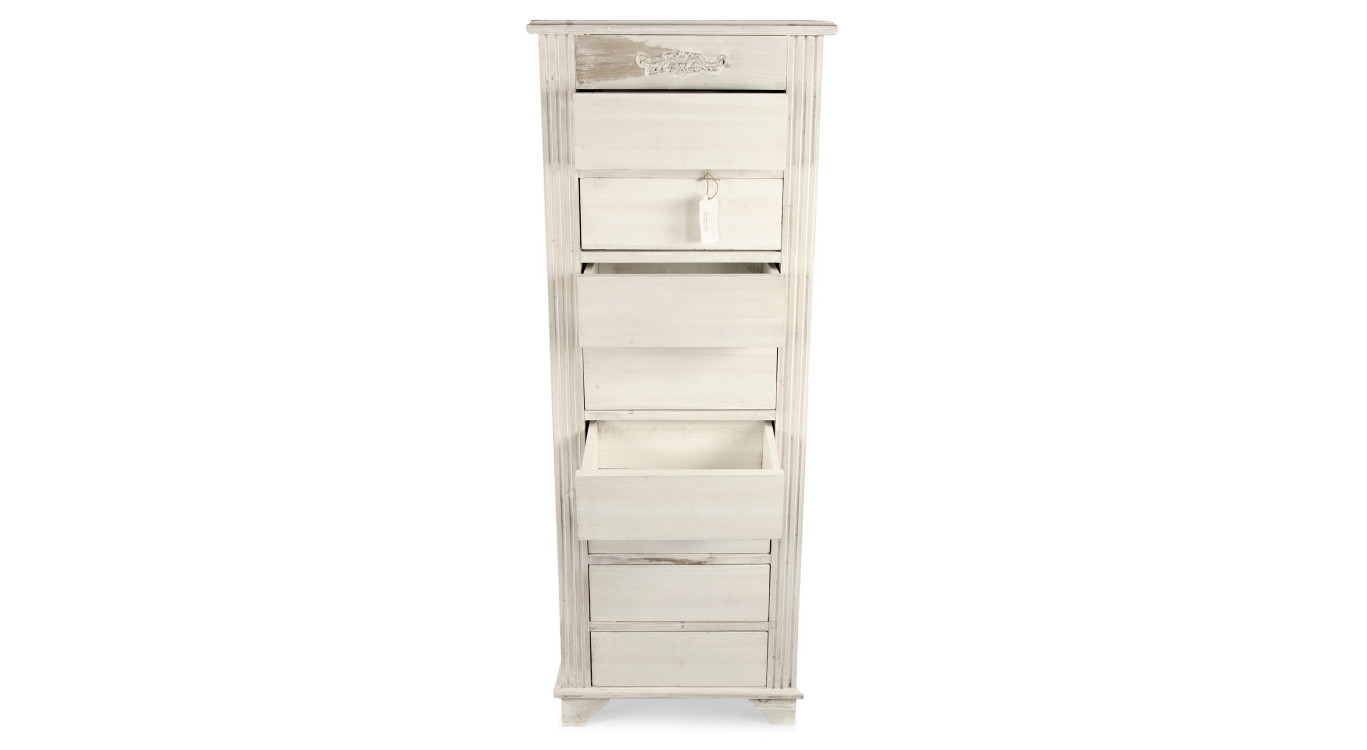 Meuble Semainier Chiffonnier Grainetier Bois Cerusé Blanc 8 Tiroirs Nu 54.5x33x146.5cm