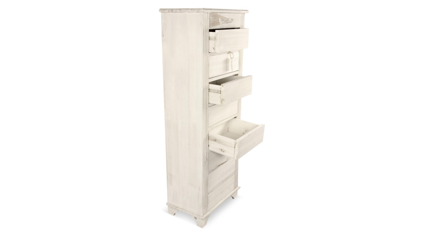 Meuble Semainier Chiffonnier Grainetier Bois Cerusé Blanc 8 Tiroirs Nu 54.5x33x146.5cm