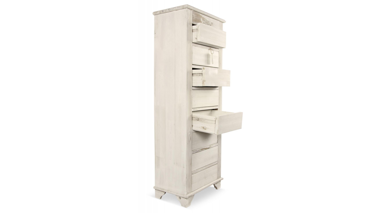 Meuble Semainier Chiffonnier Grainetier Bois Cerusé Blanc 8 Tiroirs Nu 54.5x33x146.5cm