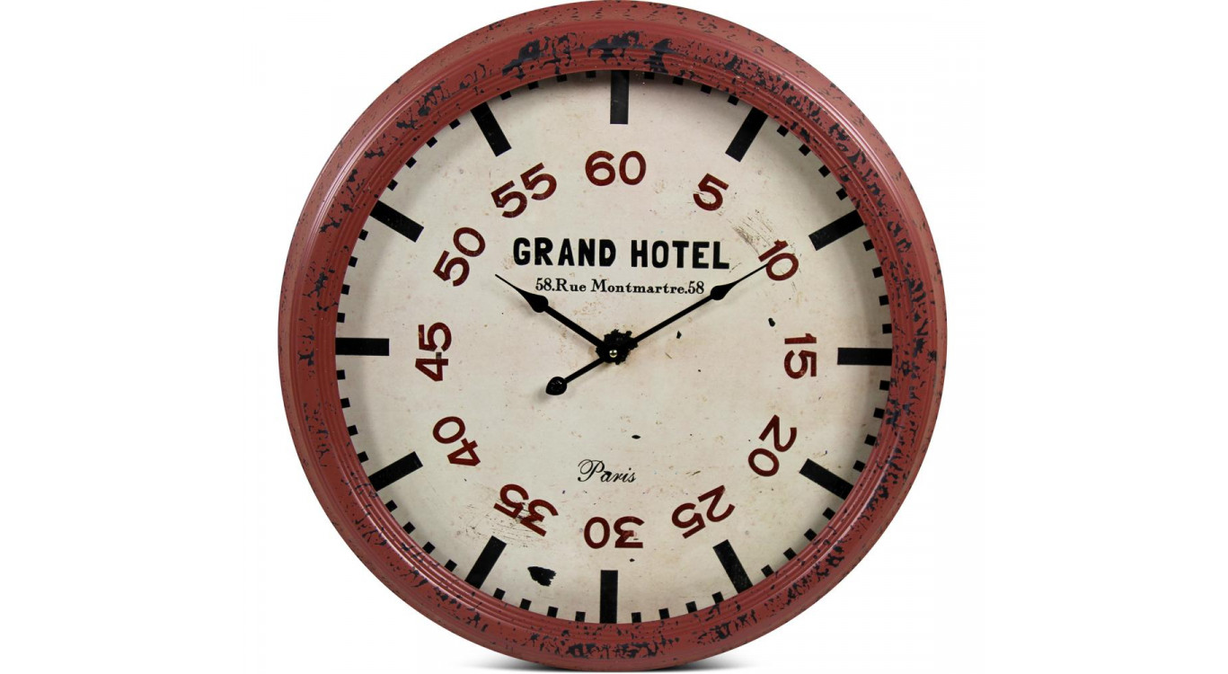 Horloge Ancienne Murale Grand Hôtel Métal Rouge-Bordeaux 62cm