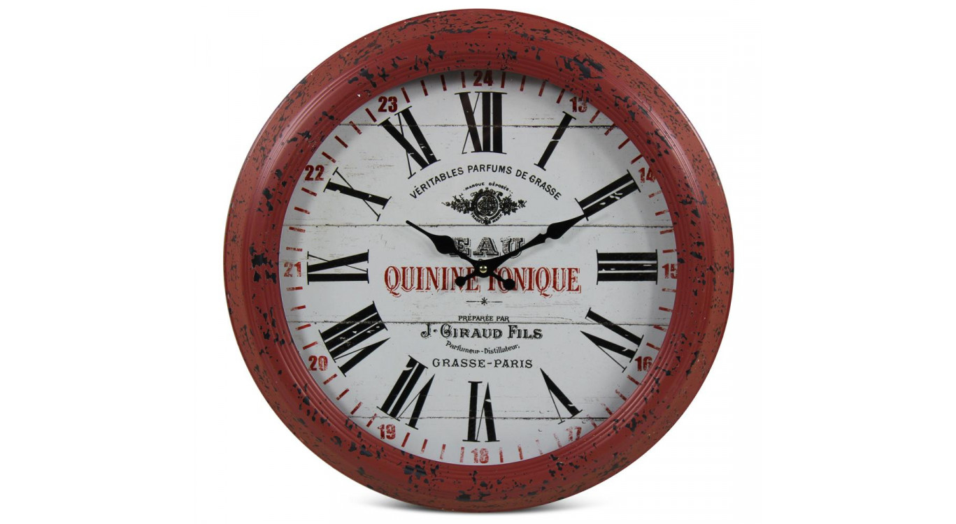 Horloge Ancienne Murale Eau Quinine Tonique Métal Rouge-Bordeaux 47cm