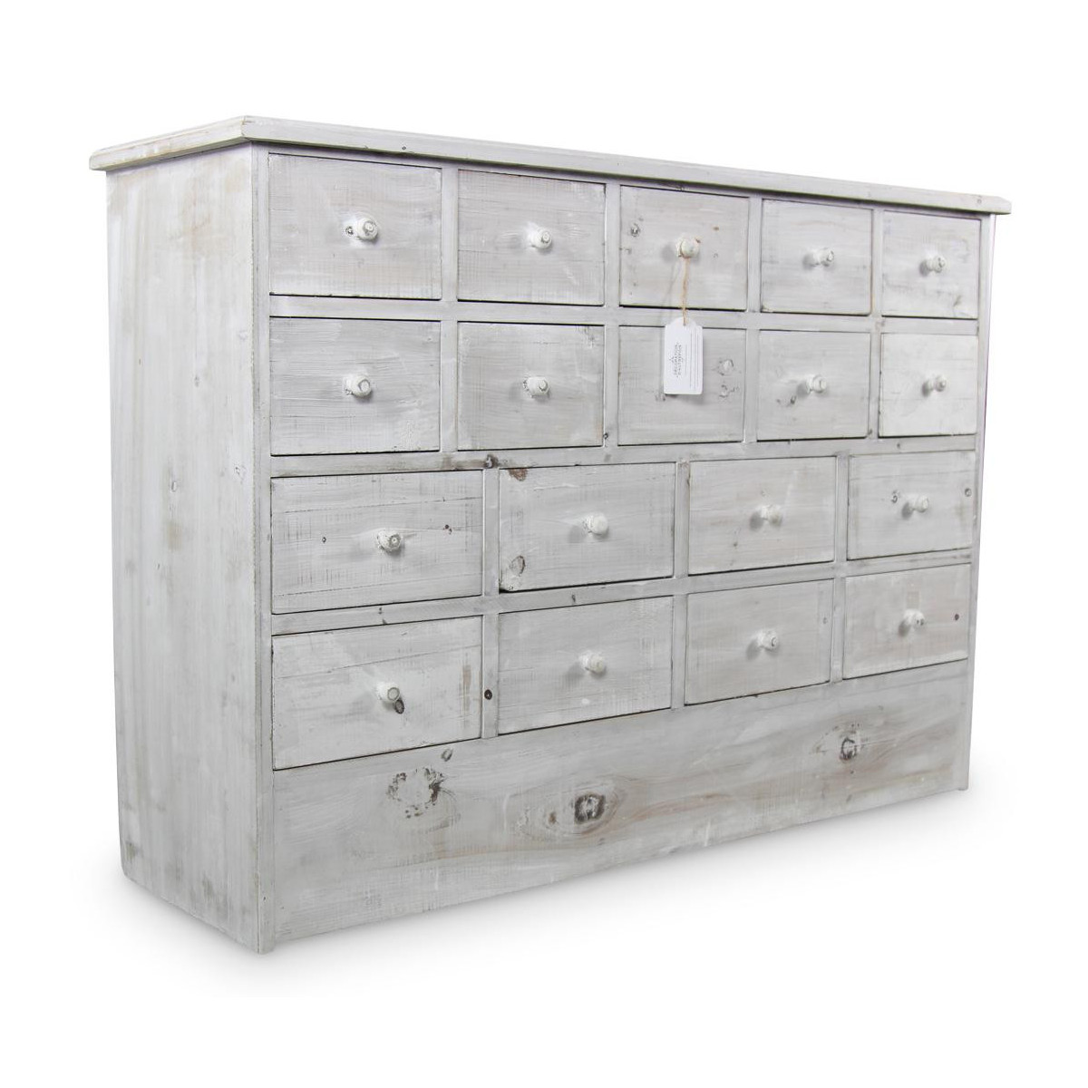 Commode Grainetier 18 Tiroirs Bois Cerusé Blanc 120x35x85cm