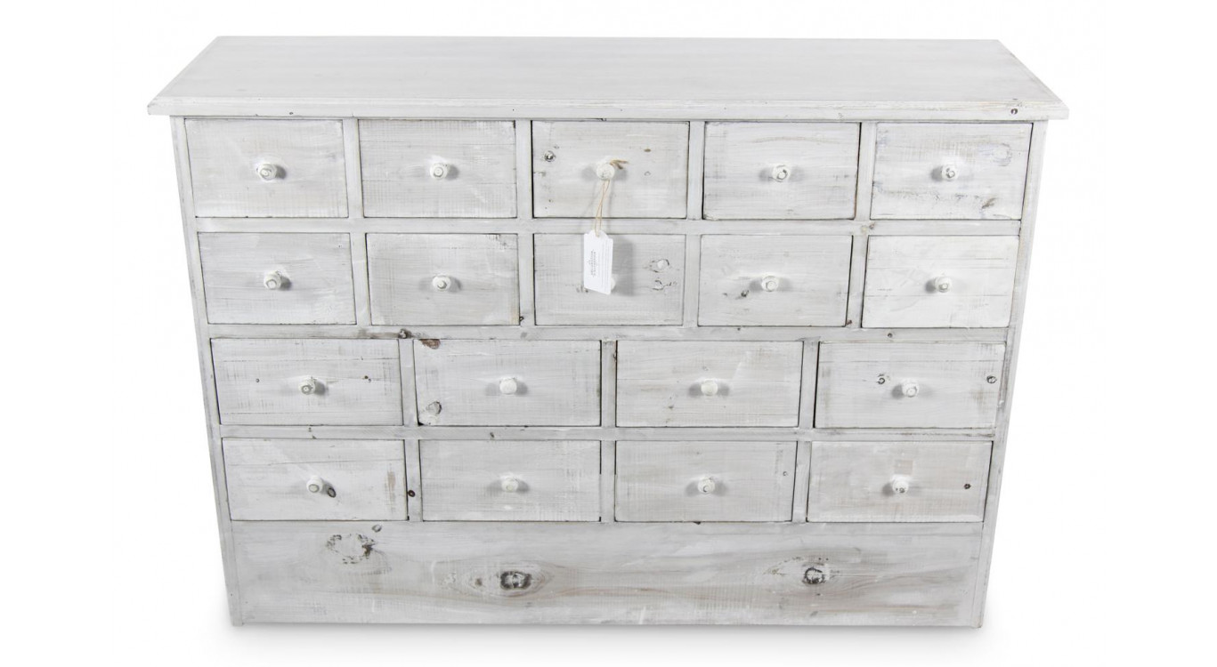 Commode Grainetier 18 Tiroirs Bois Cerusé Blanc 120x35x85cm