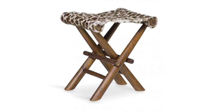 Tabouret Bois Cuir Marron 48x40x45cm