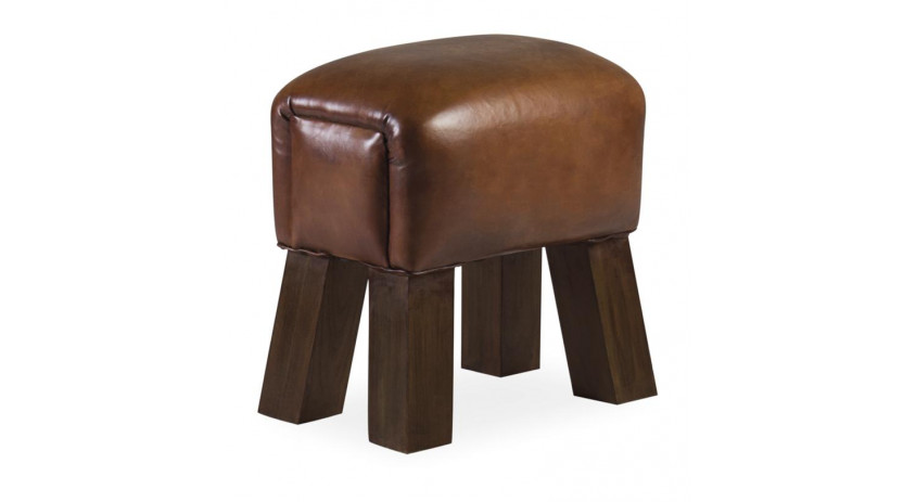 Tabouret Bois Cuir Marron 42x30x45cm