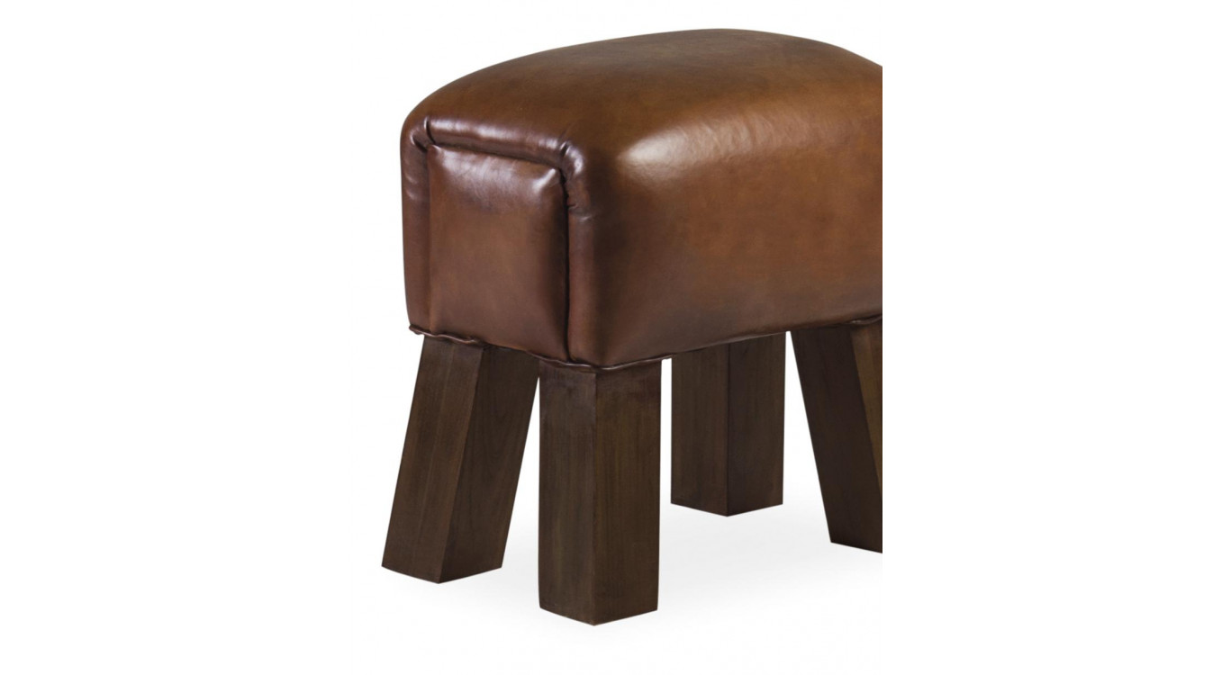 Tabouret Bois Cuir Marron 42x30x45cm