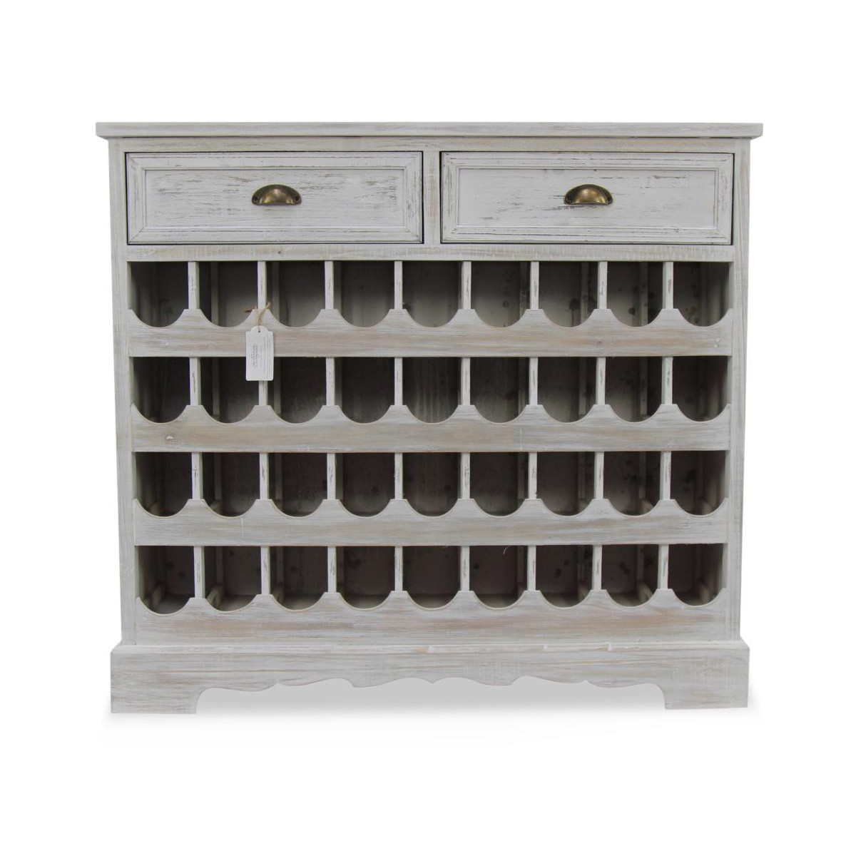 Meuble Rangement Vins Bois 2 Tiroirs Cerusé Blanc 108.5x30.5x98.5cm