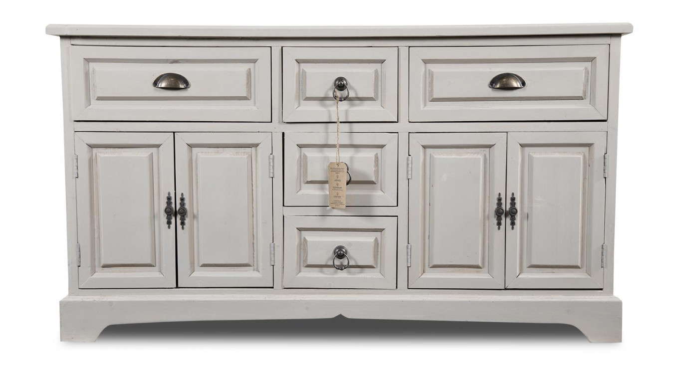 Buffet 5 Tiroirs Bois Cerusé Blanc 124.5x33.5x72cm