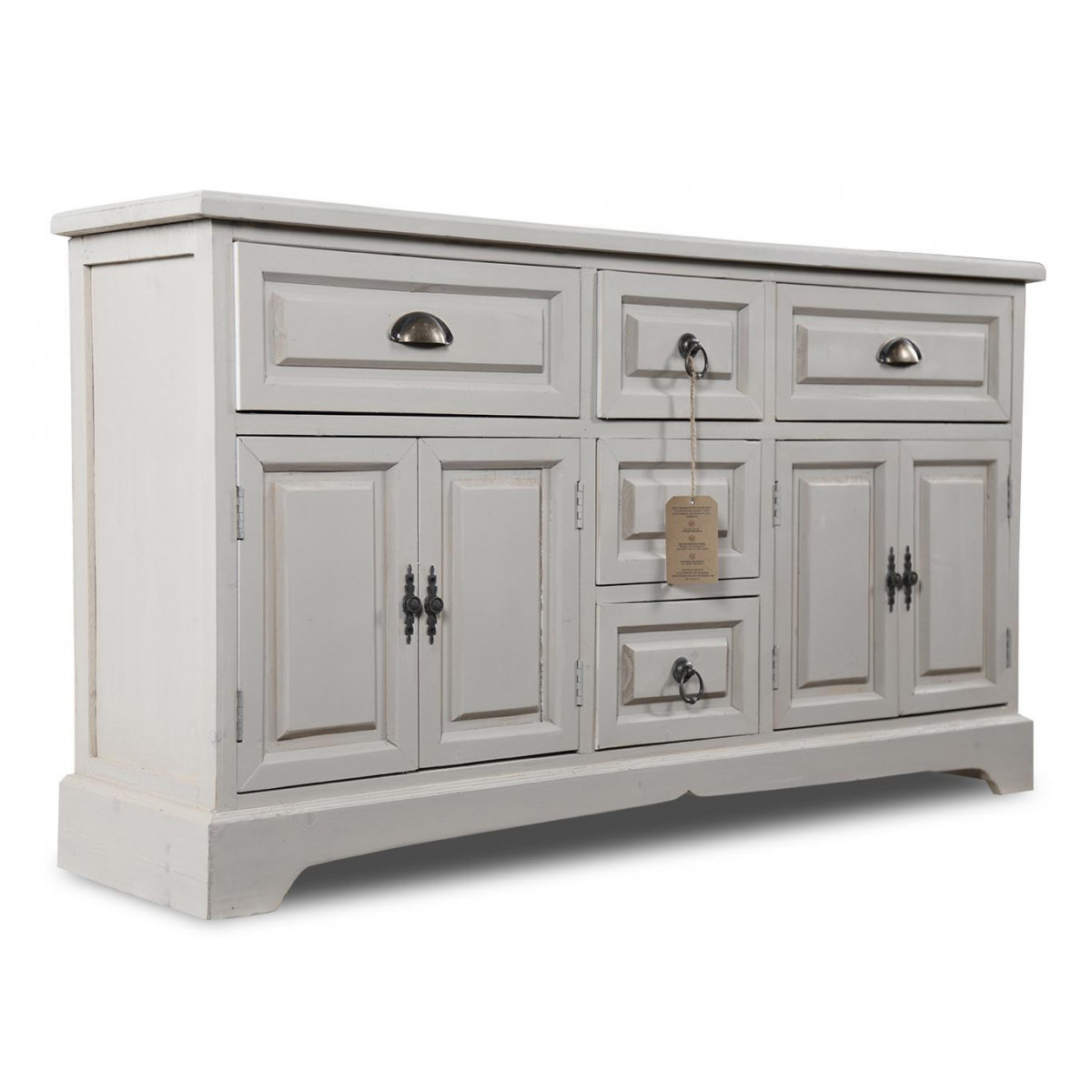 Buffet 5 Tiroirs Bois Cerusé Blanc 124.5x33.5x72cm