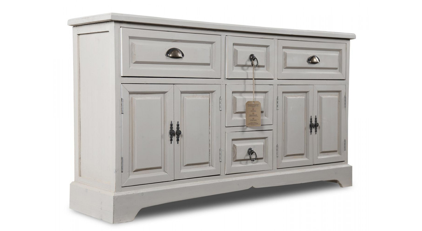 Buffet 5 Tiroirs Bois Cerusé Blanc 124.5x33.5x72cm