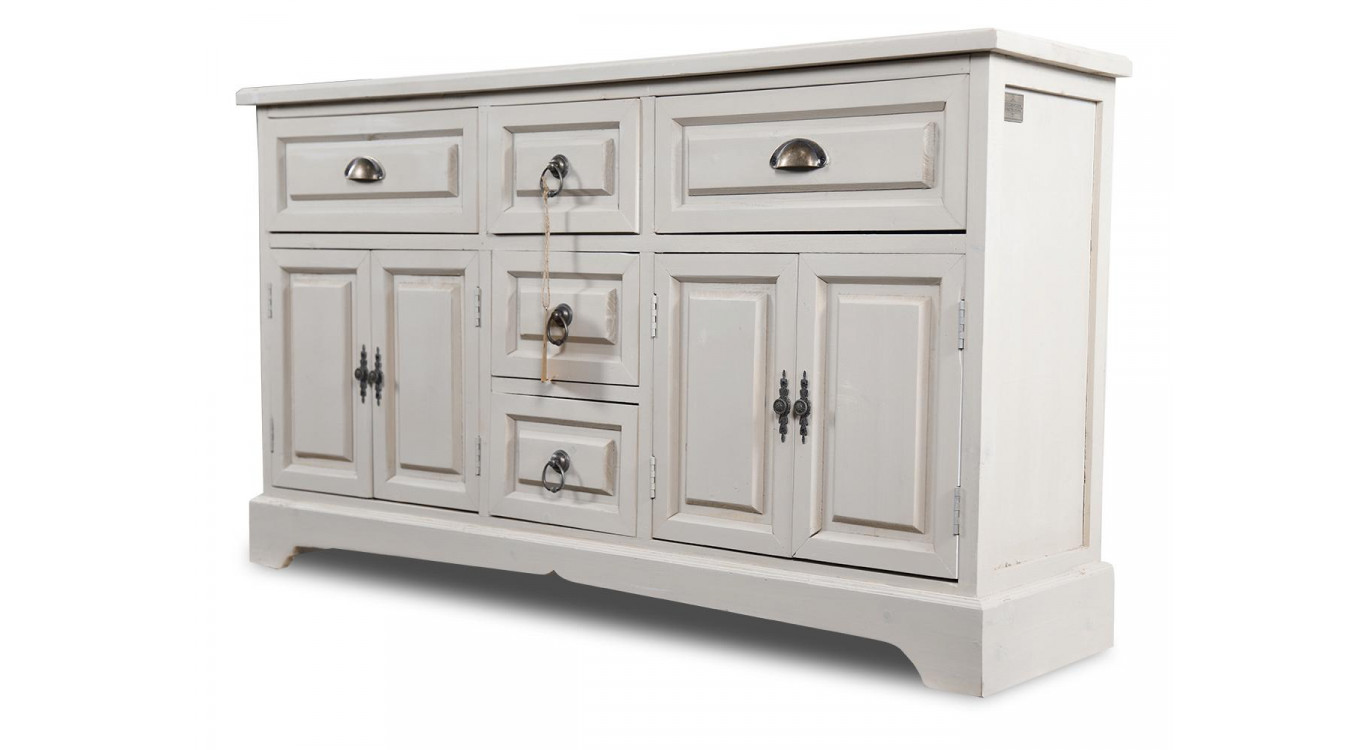 Buffet 5 Tiroirs Bois Cerusé Blanc 124.5x33.5x72cm