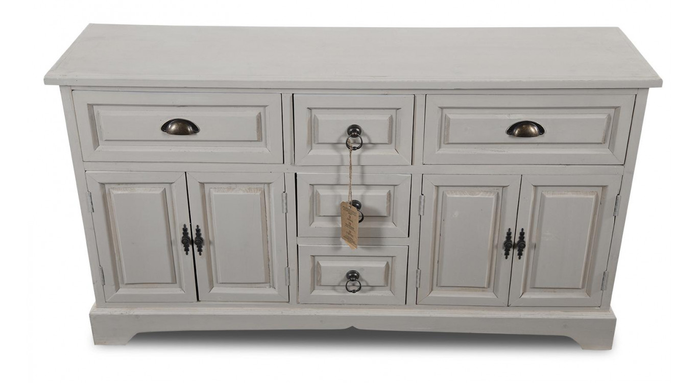 Buffet 5 Tiroirs Bois Cerusé Blanc 124.5x33.5x72cm