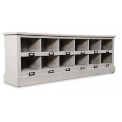 Meuble Bas Rangement Bois Cerusé Blanc 12 Rangements 154.5x32x53cm