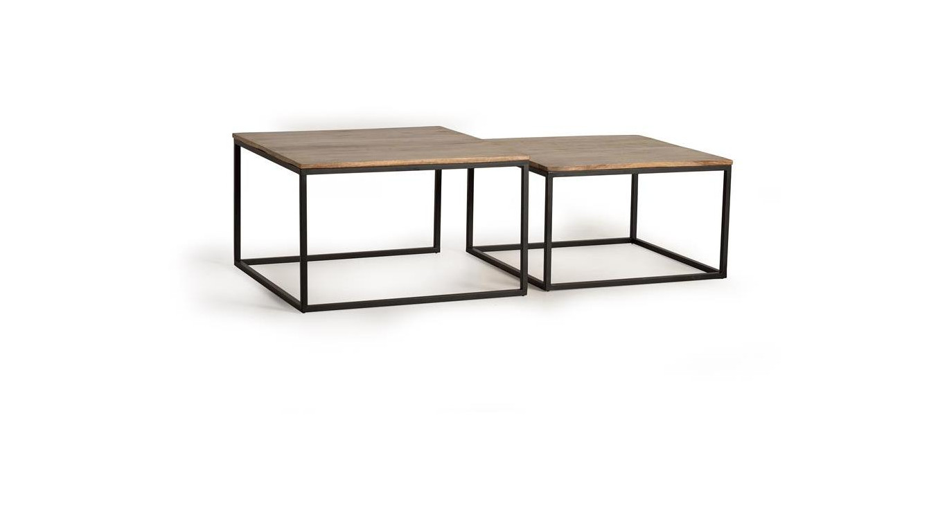 Lot De 2 Tables Basses Bois, Métal Marron 77x77x89cm