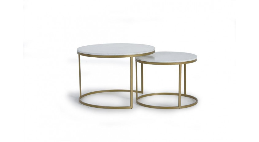 Lot De 2 Tables Basses Fer, Marbre Or 70x70x90cm