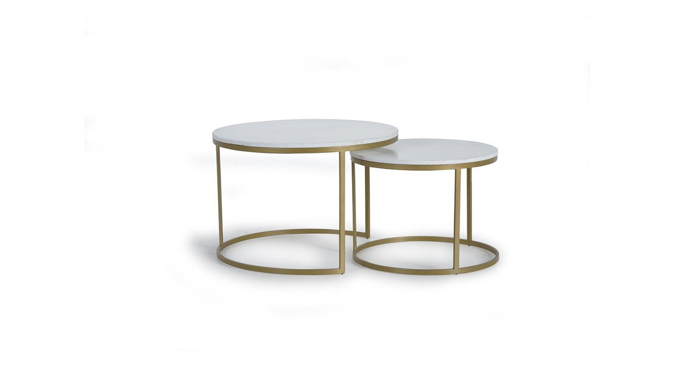 Lot De 2 Tables Basses Fer, Marbre Or 70x70x90cm