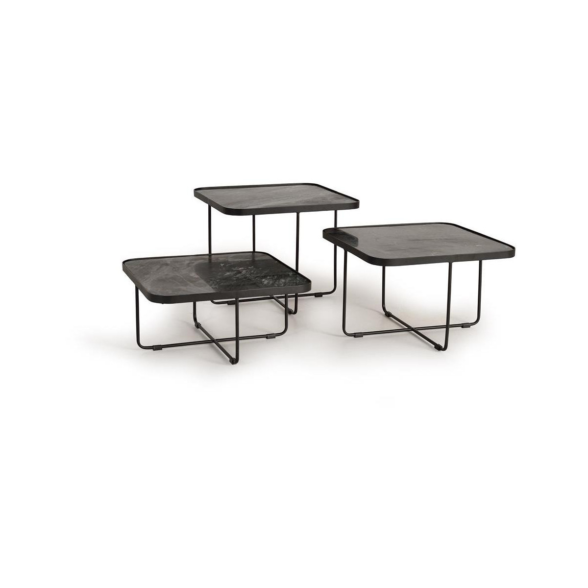 Lot De 3 Tables Basses Fer, Marbre Noir 60x60x114cm