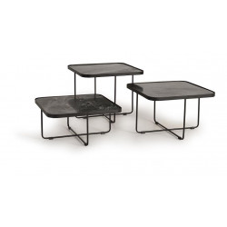 Lot De 3 Tables Basses Fer, Marbre Noir 60x60x114cm