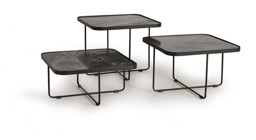 Lot De 3 Tables Basses Fer, Marbre Noir 60x60x114cm