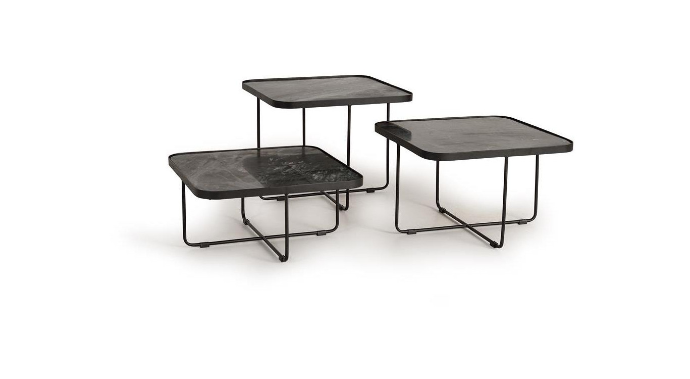 Lot De 3 Tables Basses Fer, Marbre Noir 60x60x114cm