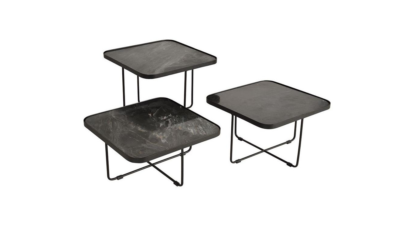 Lot De 3 Tables Basses Fer, Marbre Noir 60x60x114cm