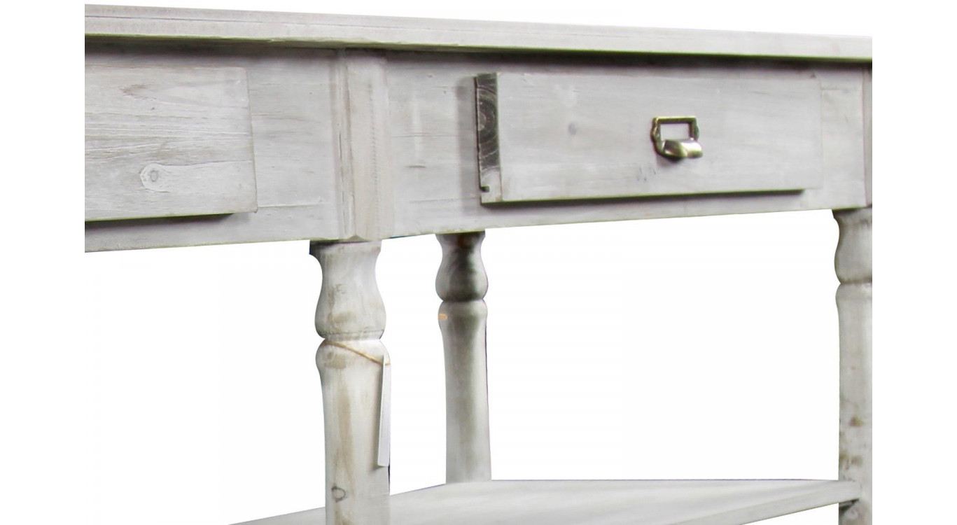 Meuble Console Drapier Bois Cerusé Blanc 2 Tiroirs 190x54x87cm