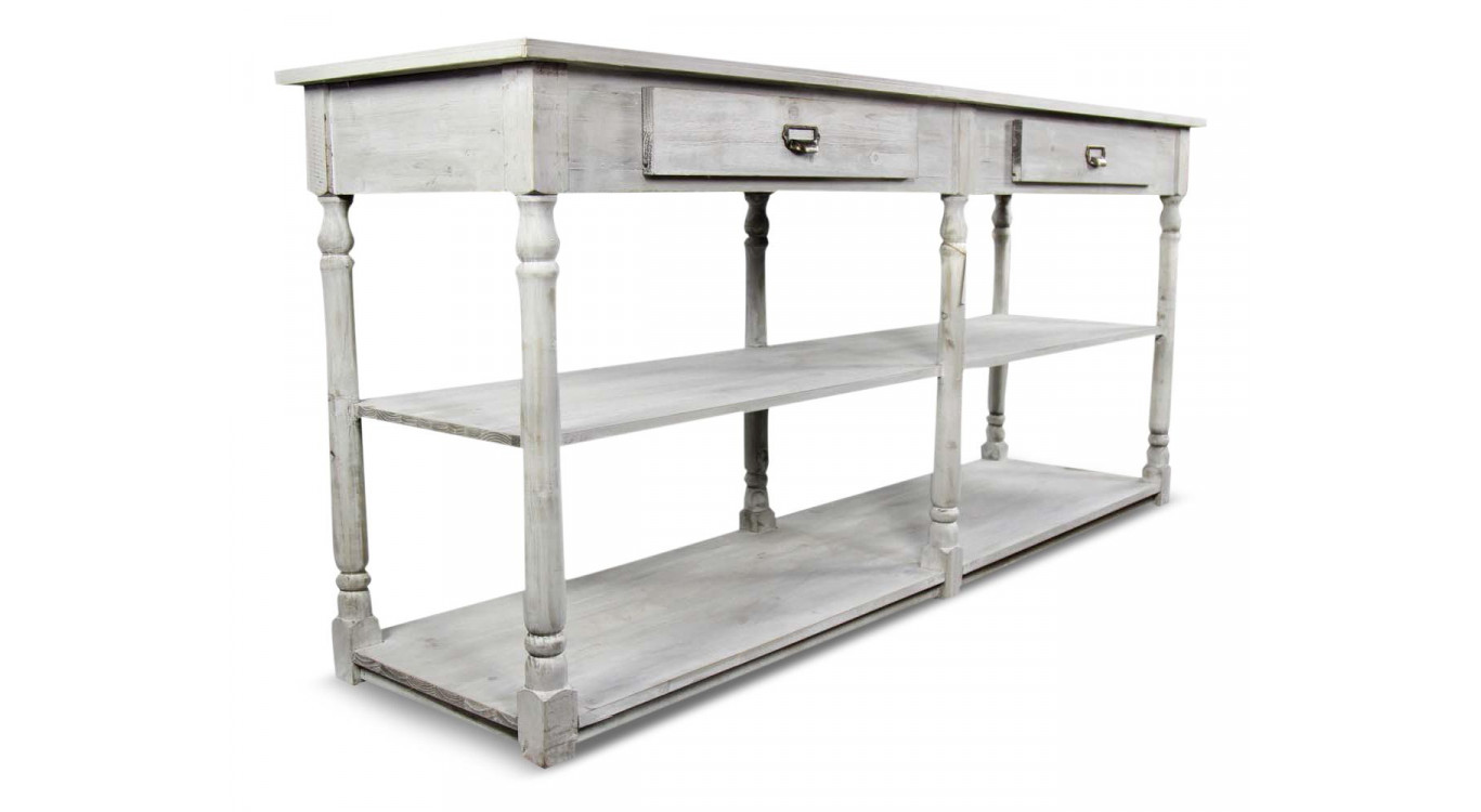 Meuble Console Drapier Bois Cerusé Blanc 2 Tiroirs 190x54x87cm