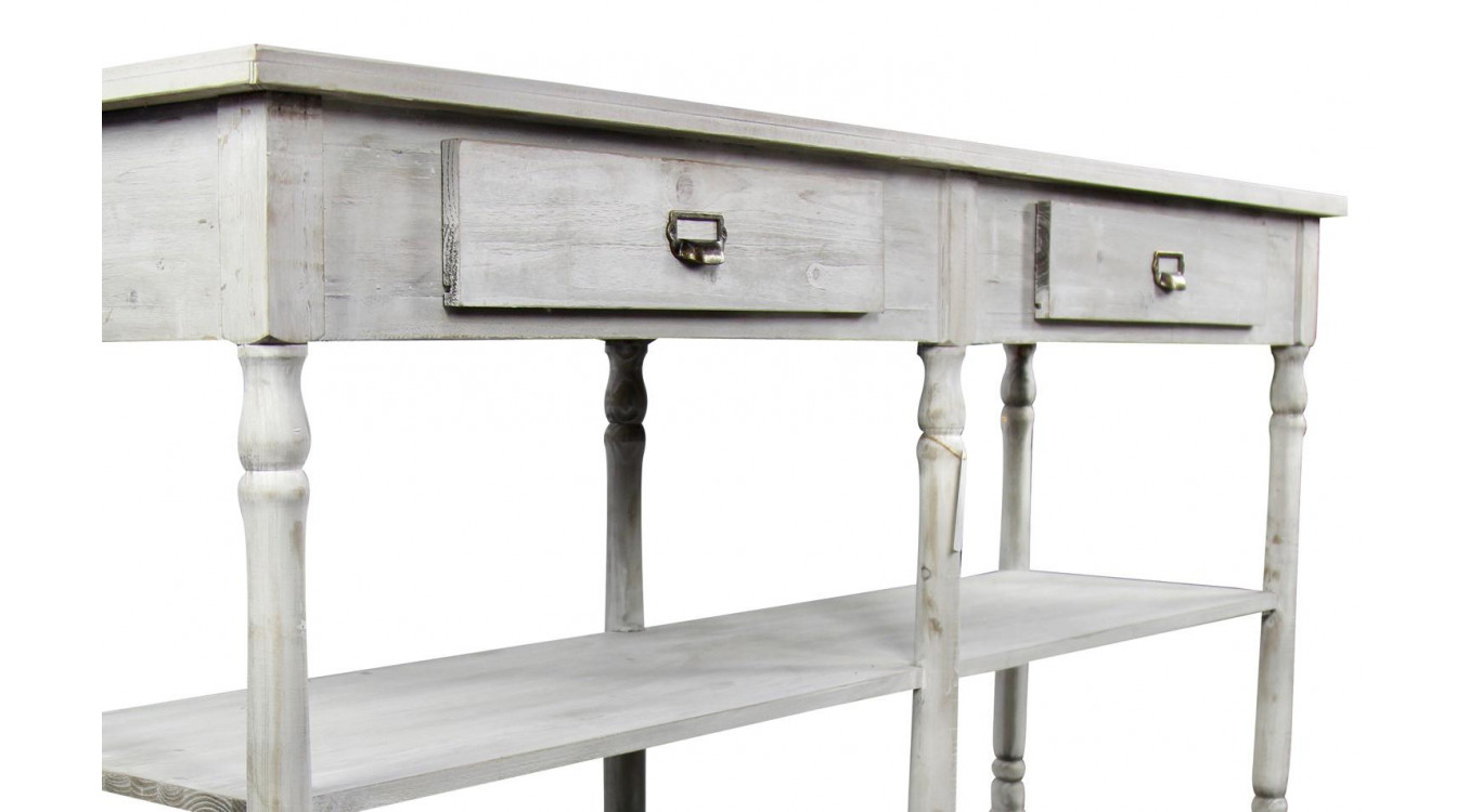 Meuble Console Drapier Bois Cerusé Blanc 2 Tiroirs 190x54x87cm