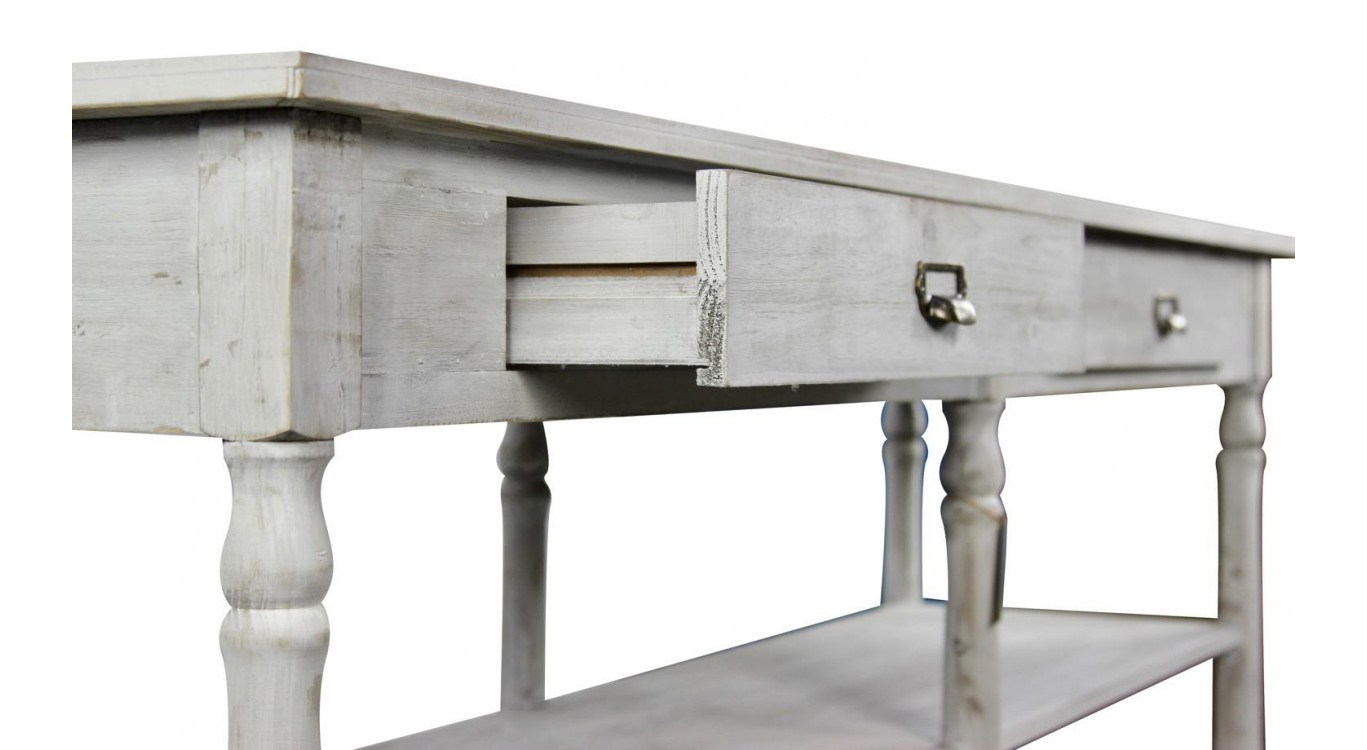 Meuble Console Drapier Bois Cerusé Blanc 2 Tiroirs 190x54x87cm