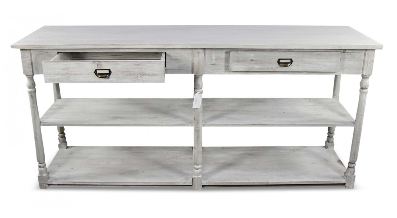 Meuble Console Drapier Bois Cerusé Blanc 2 Tiroirs 190x54x87cm